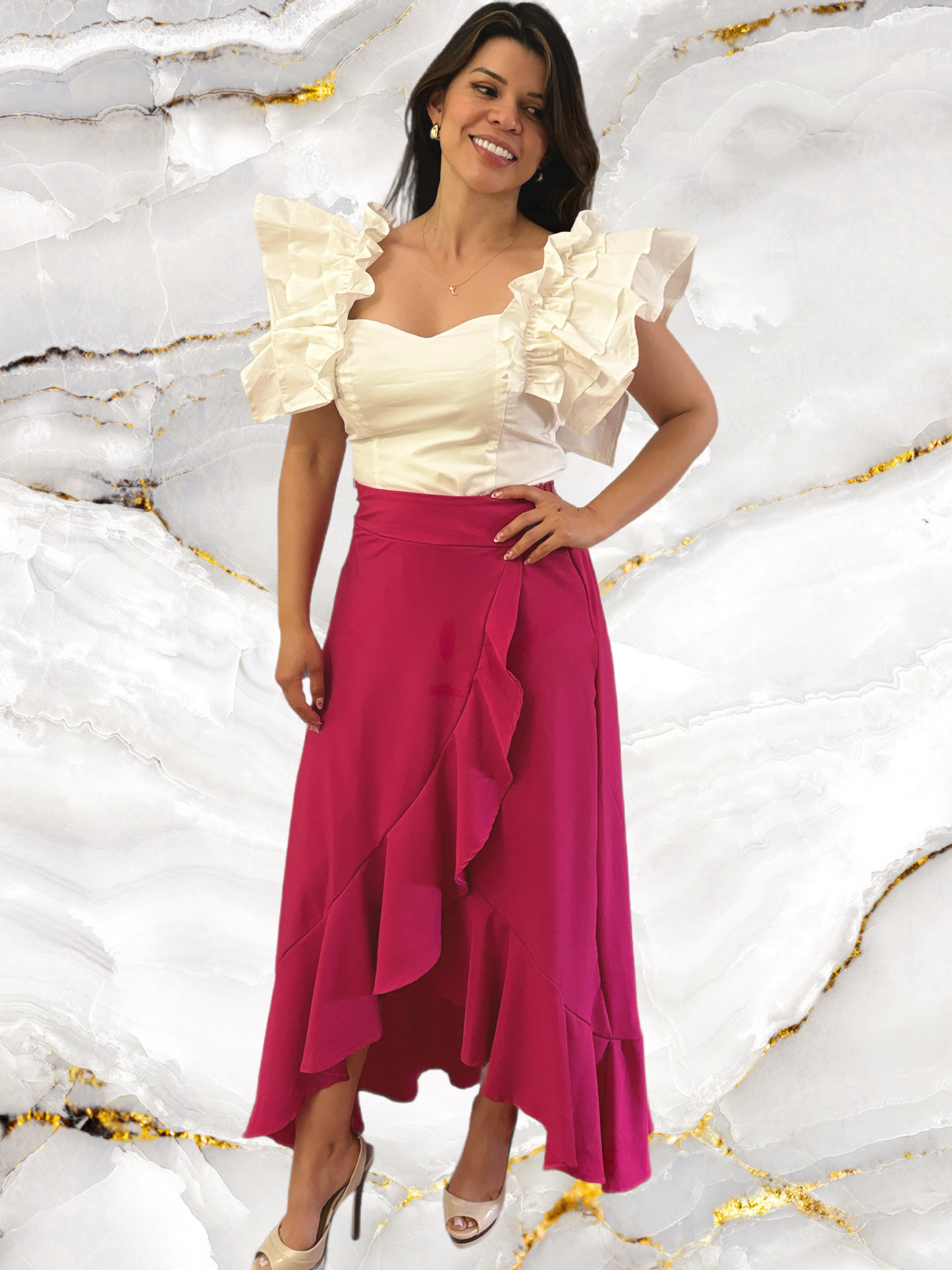 Ethereal Ruffle Blouse & Flowing Maxi Skirt Ensemble