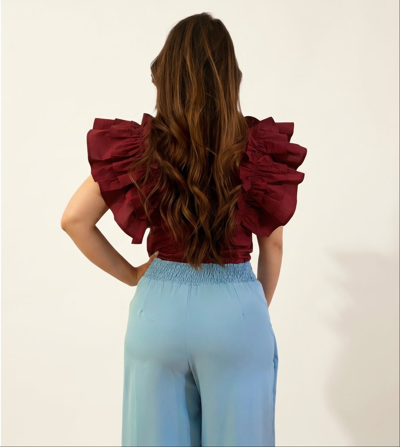 Ruffled Elegance Top & Draped Wide-Leg Pants