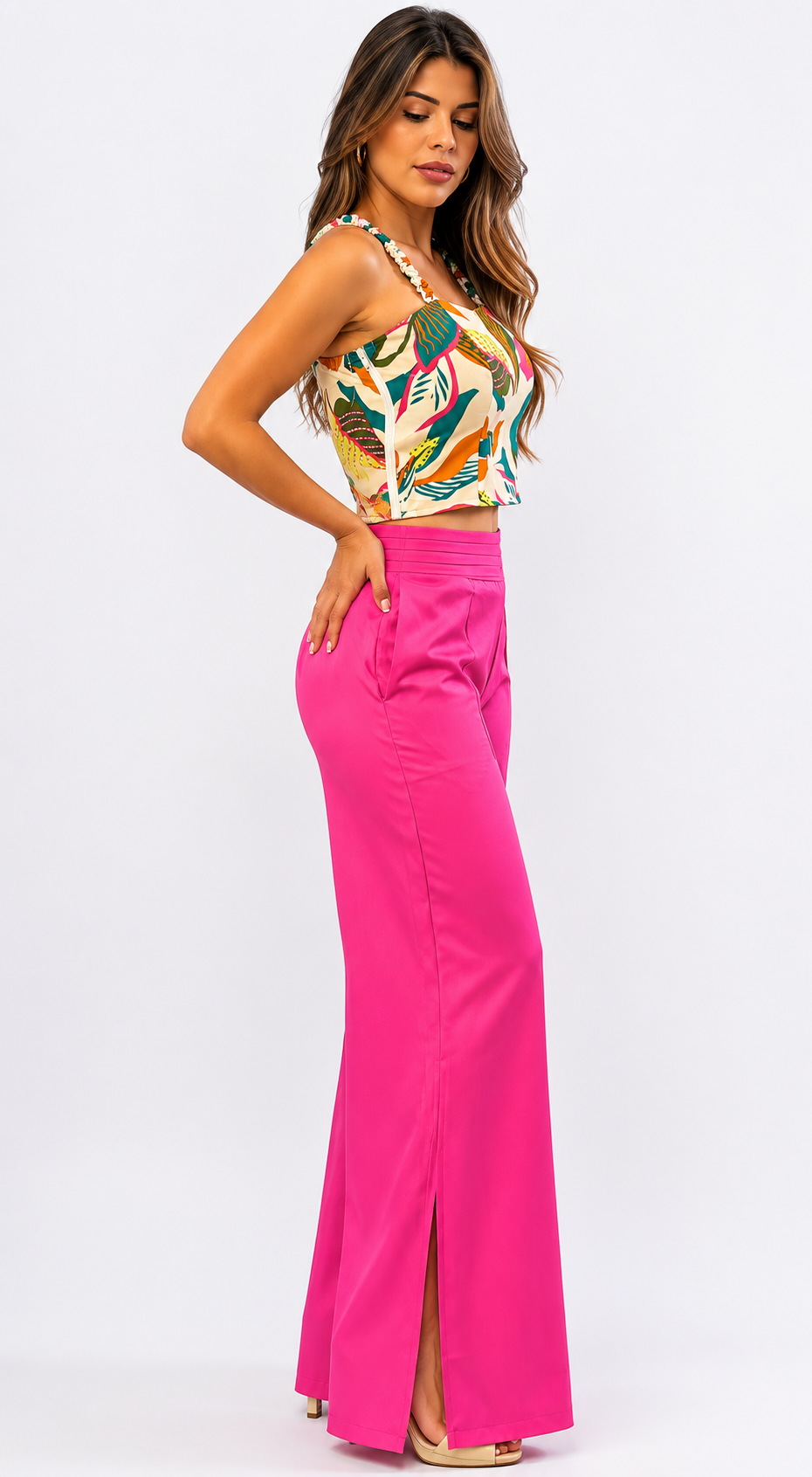 Tropical Crop Top & High-Slit Wide-Leg Pants