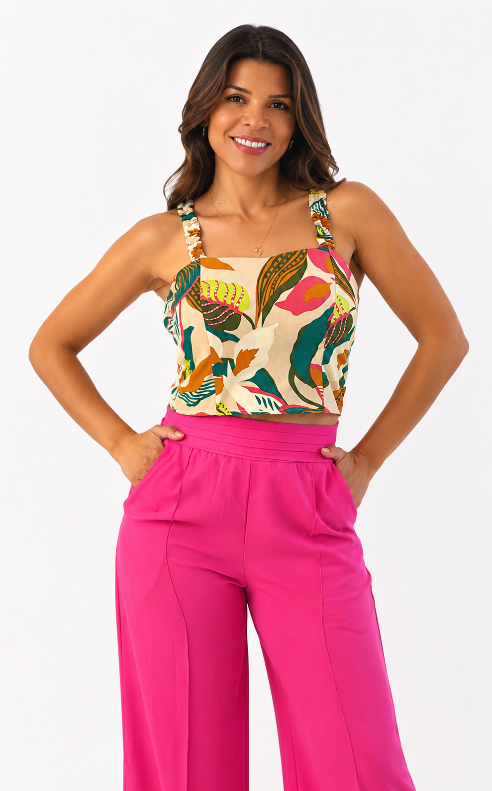 Tropical Crop Top & High-Slit Wide-Leg Pants