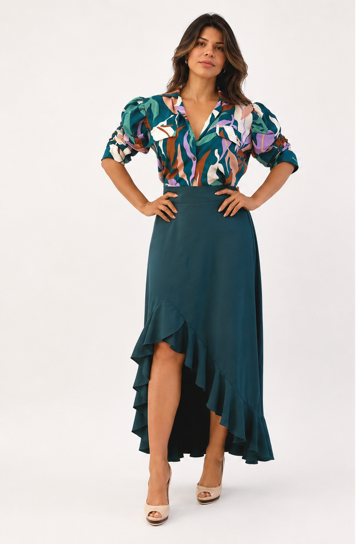Elegant Printed Blouse & Asymmetrical Ruffle Skirt Set