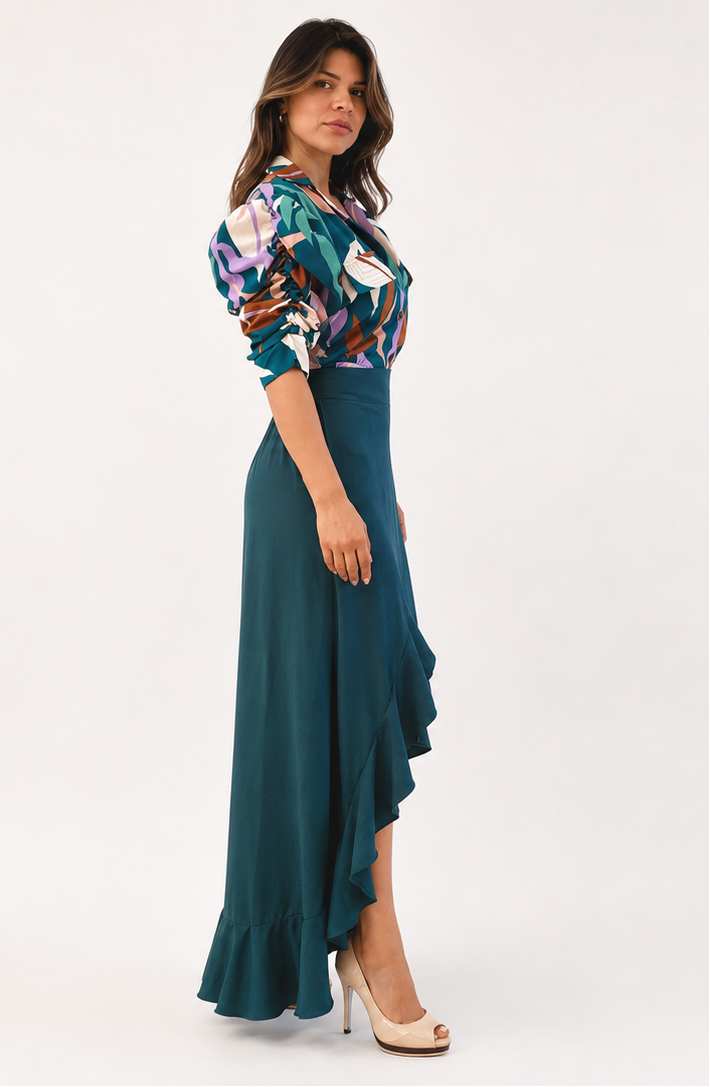 Elegant Printed Blouse & Asymmetrical Ruffle Skirt Set