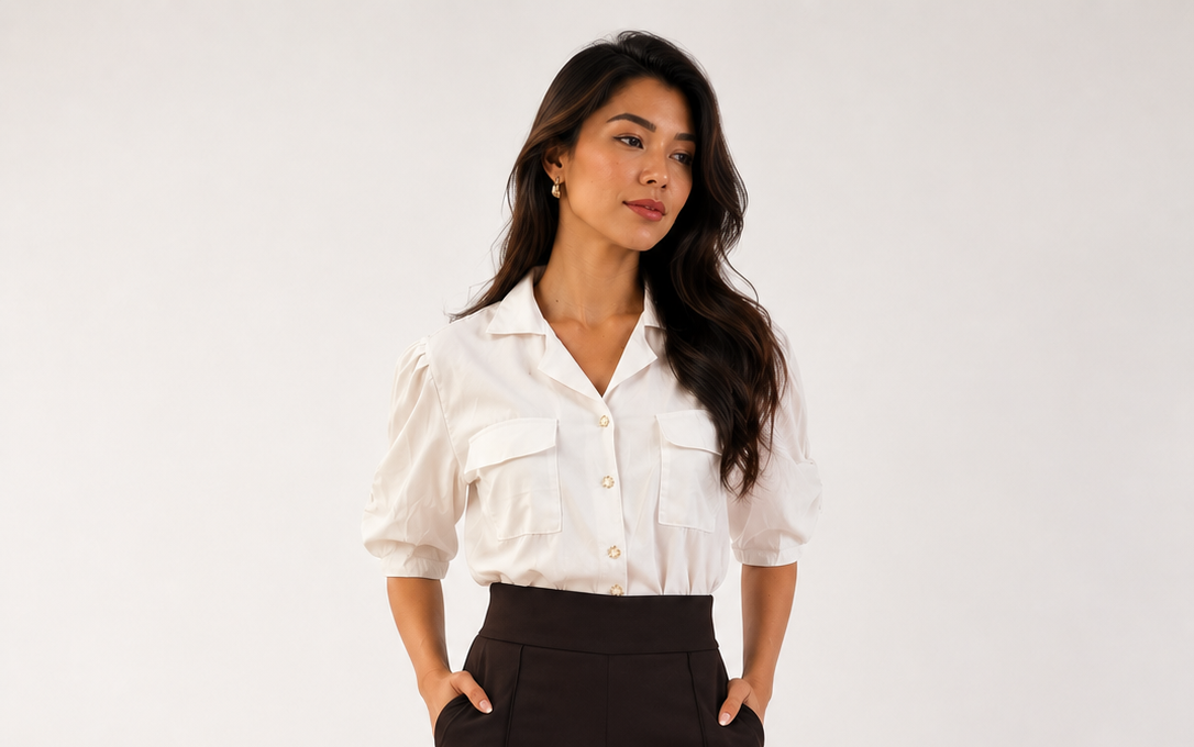 Pantalones elegantes de pierna ancha con camisa blanca clásica