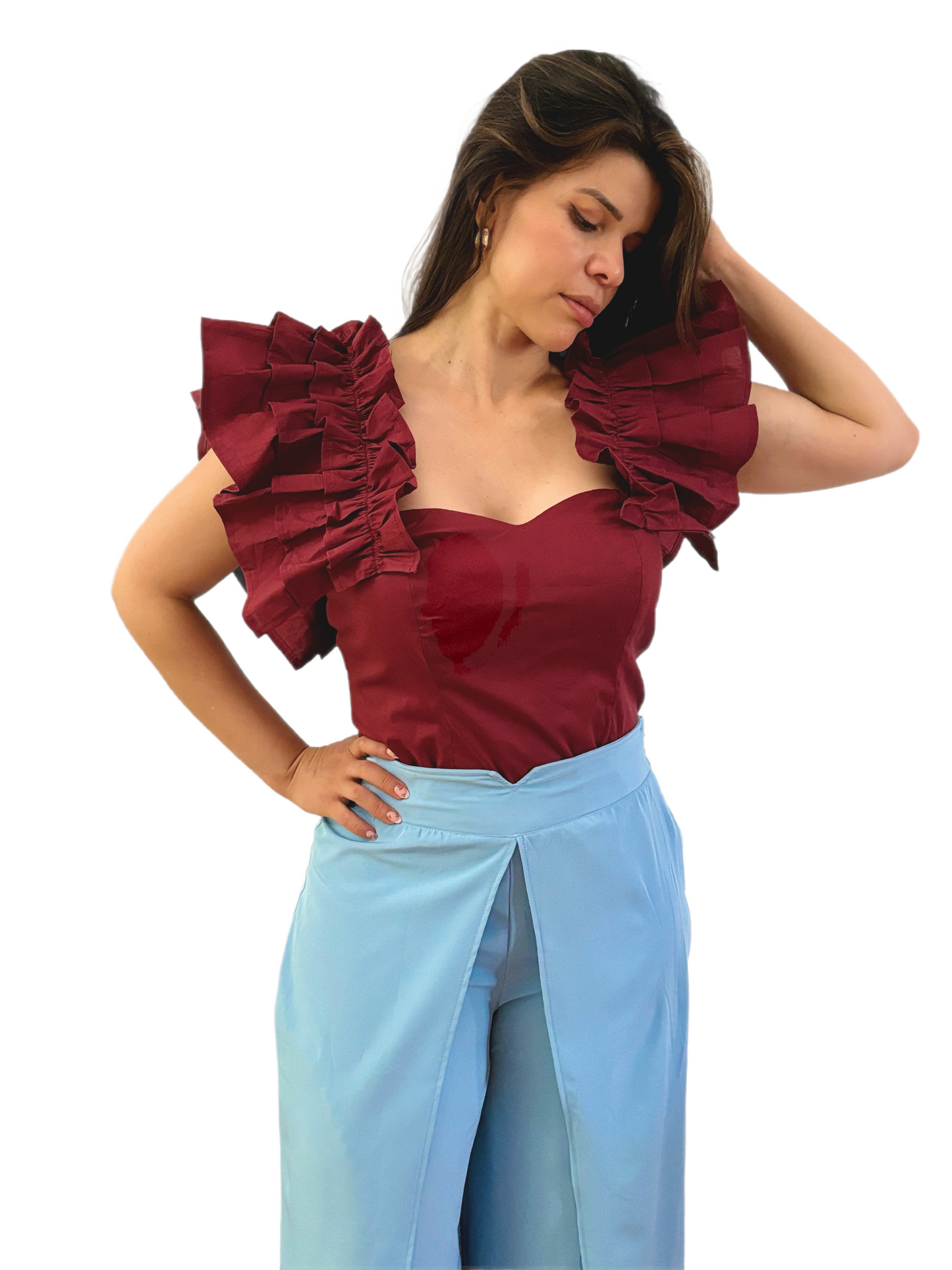 Ruffled Elegance Top & Draped Wide-Leg Pants