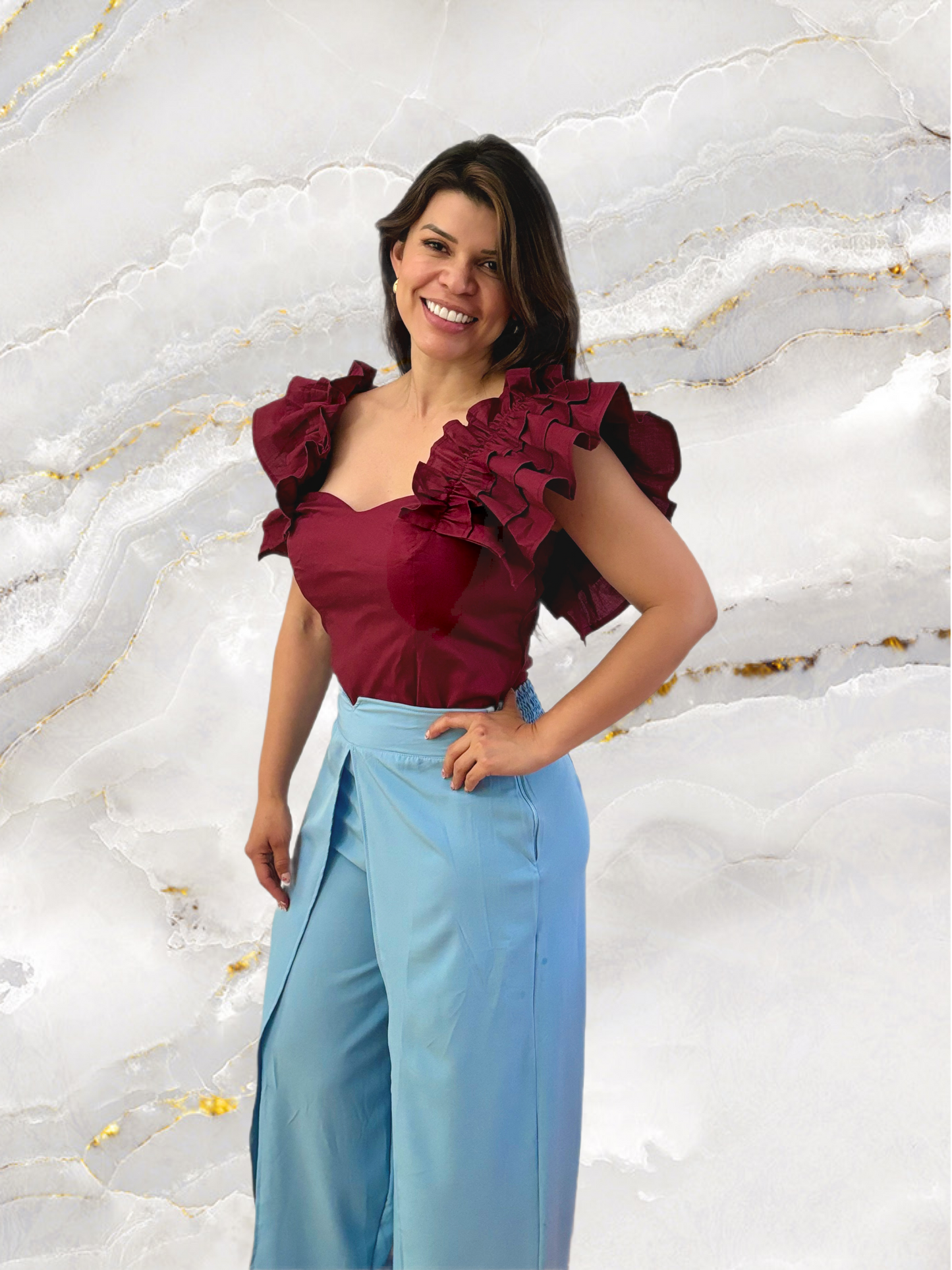 Ruffled Elegance Top & Draped Wide-Leg Pants