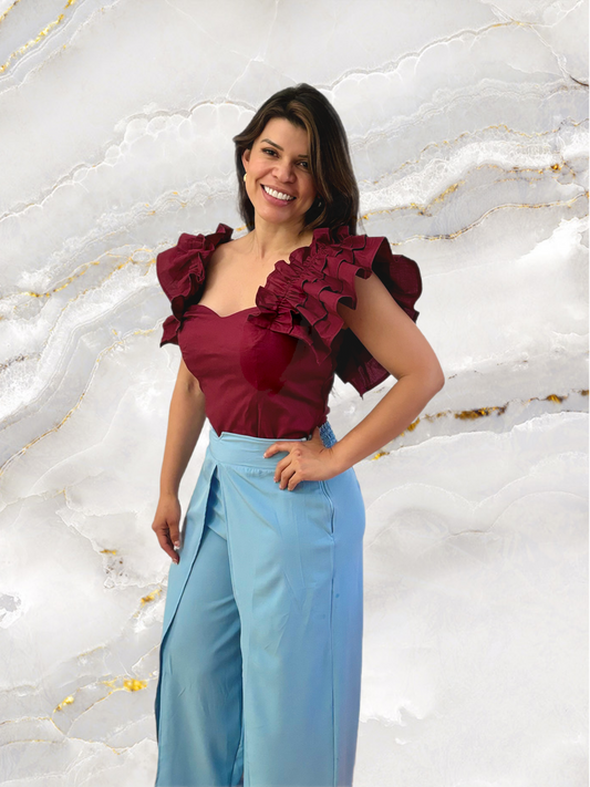 Ruffled Elegance Top & Draped Wide-Leg Pants