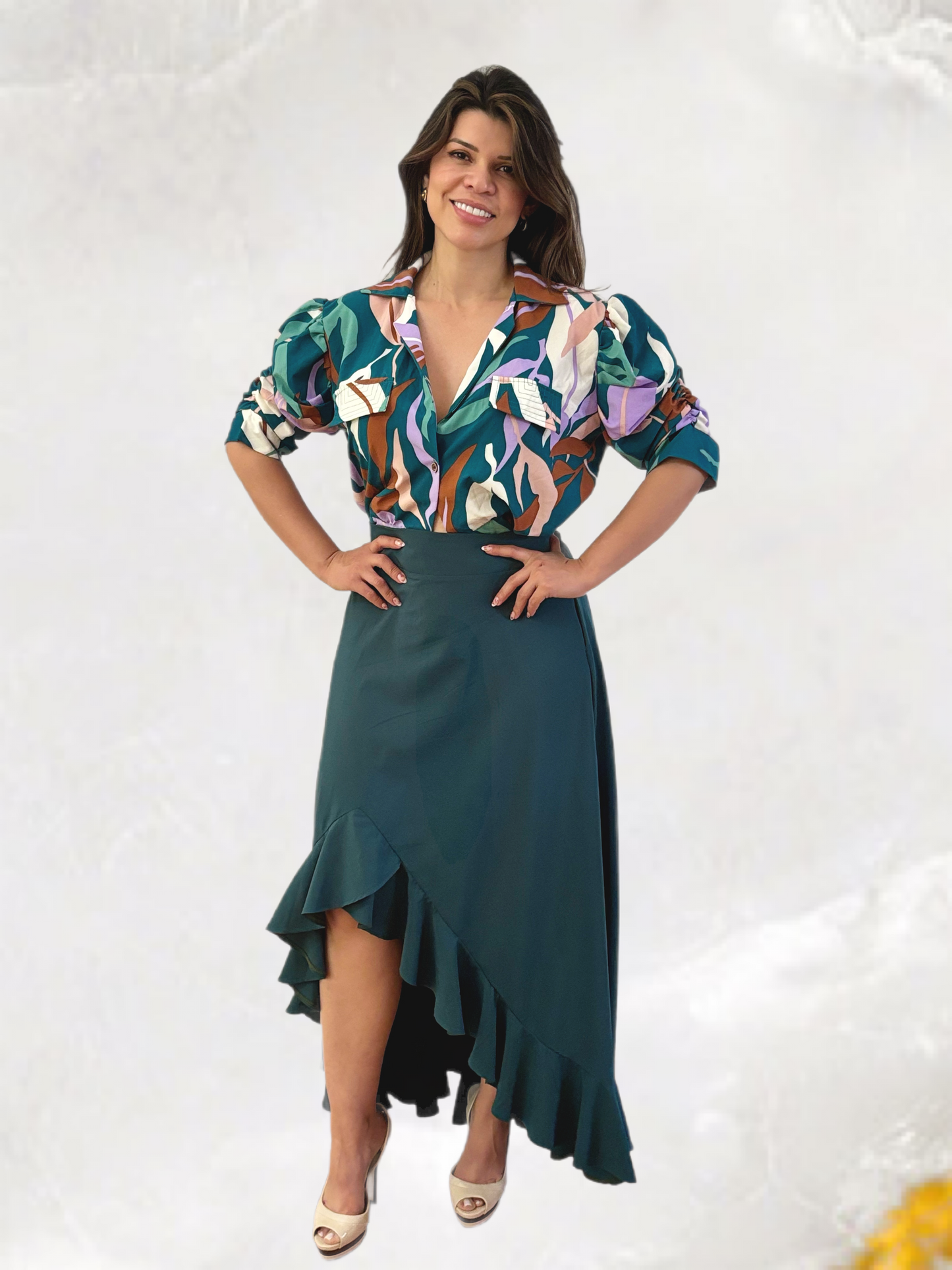 Elegant Printed Blouse & Asymmetrical Ruffle Skirt Set