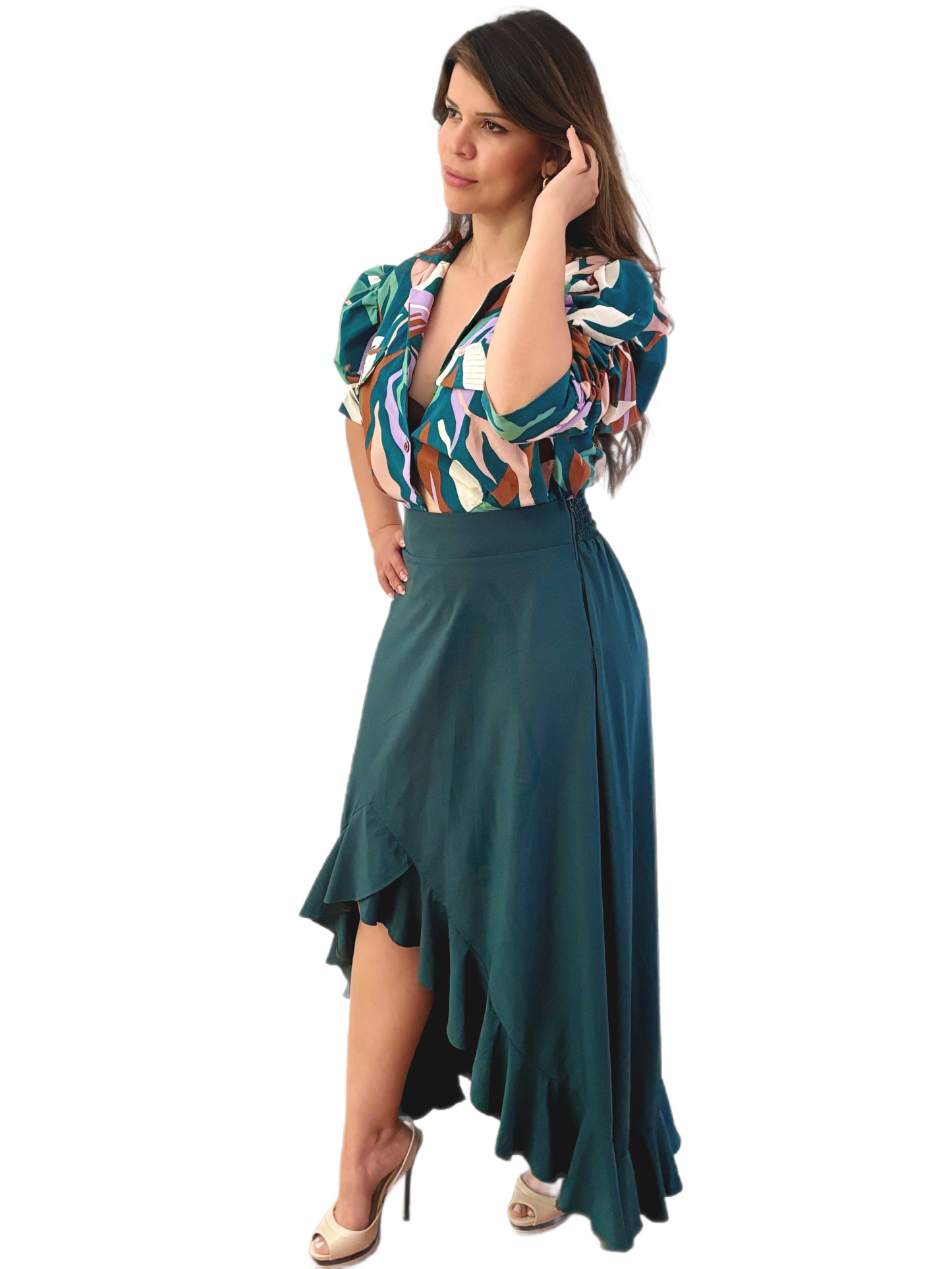 Elegant Printed Blouse & Asymmetrical Ruffle Skirt Set