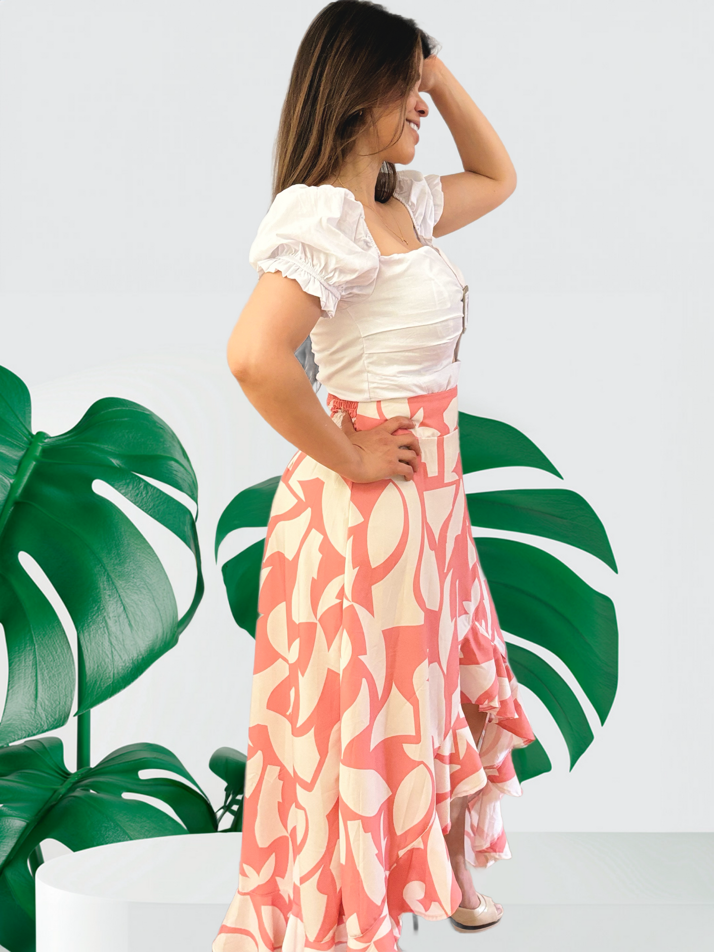 Elegant Summer Outfit - White Crop Top / Floral Maxi Skirt