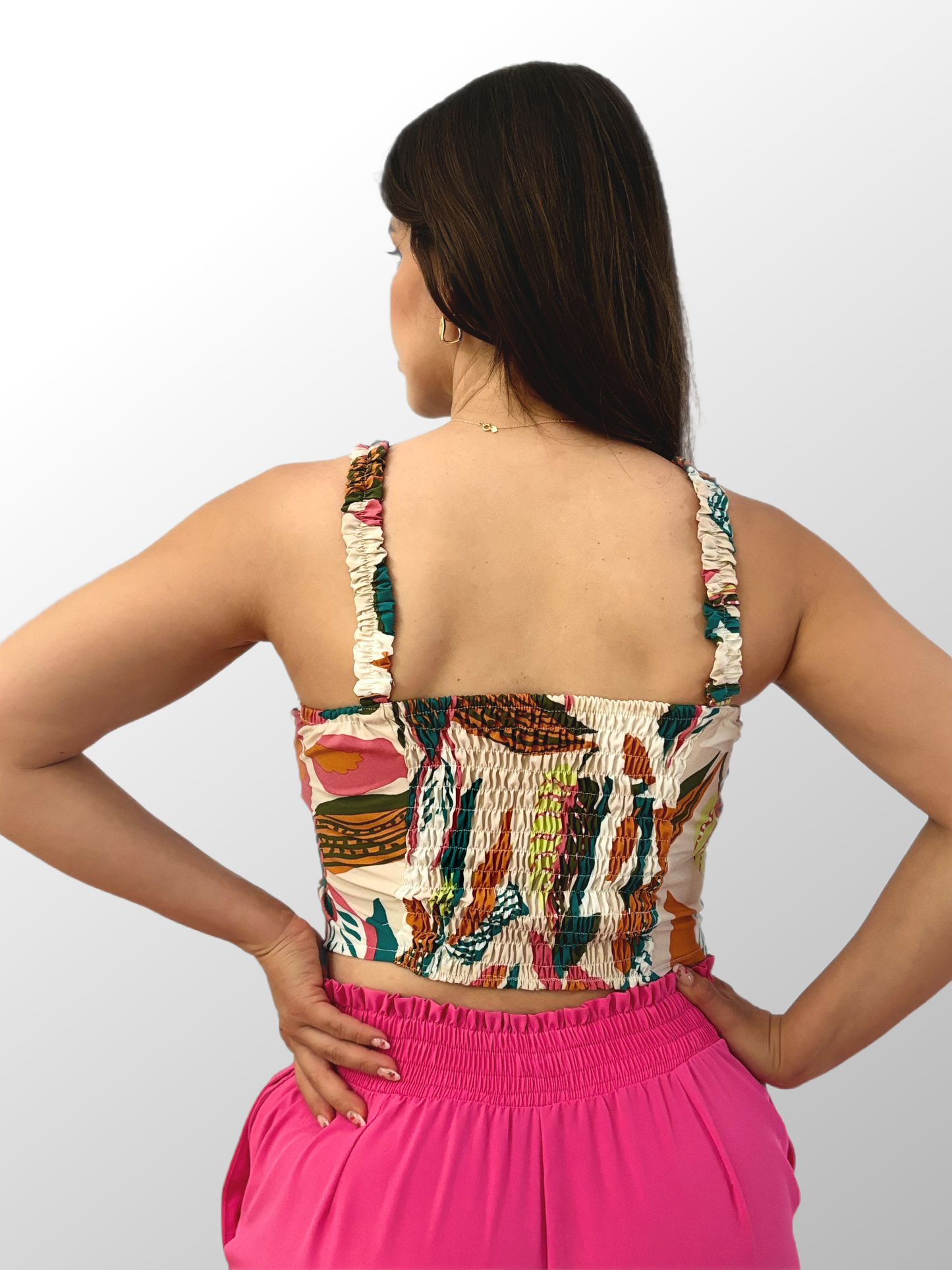 Tropical Crop Top & High-Slit Wide-Leg Pants