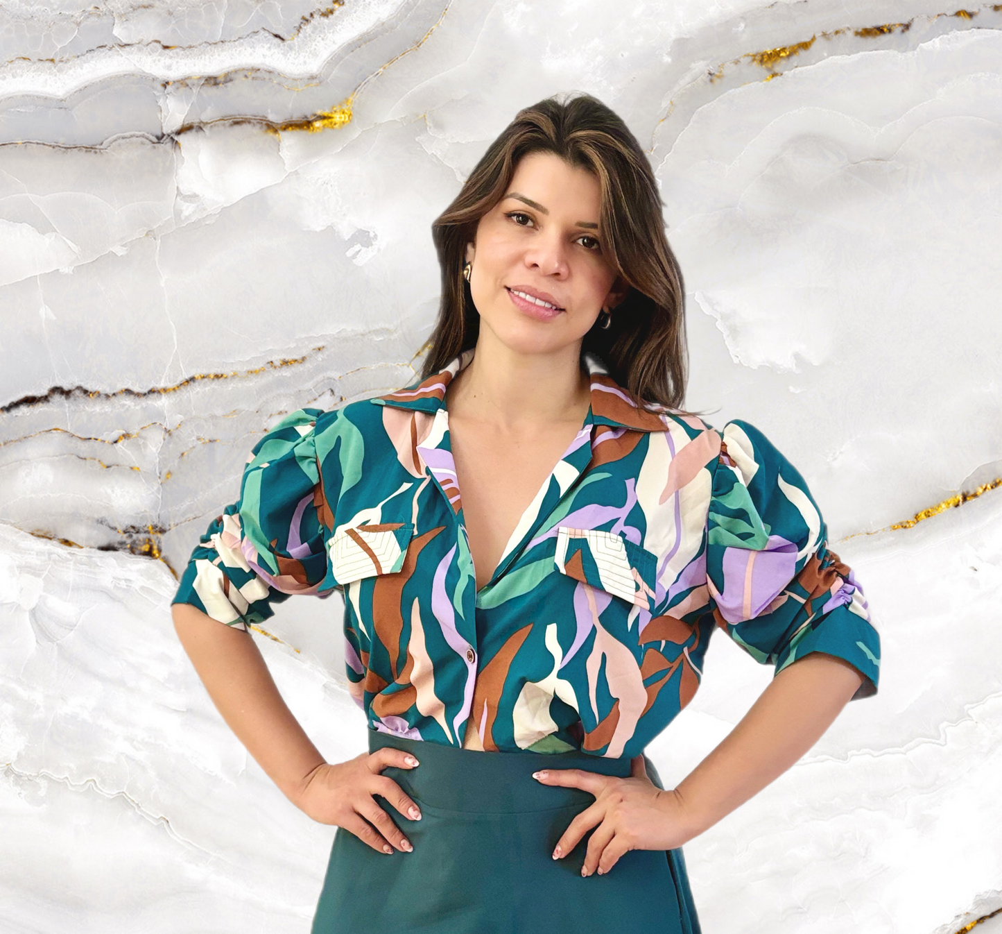 Elegant Printed Blouse & Asymmetrical Ruffle Skirt Set