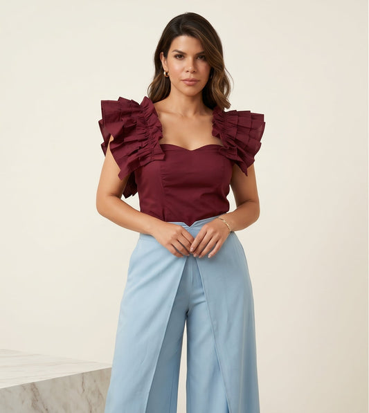 Ruffled Elegance Top & Draped Wide-Leg Pants